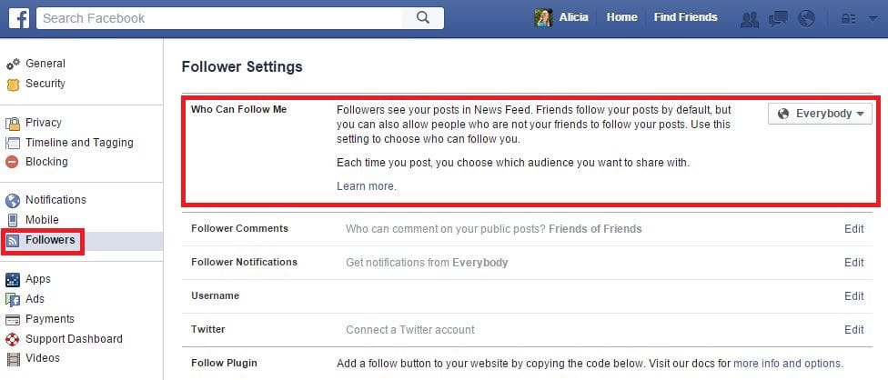facebook follower settings