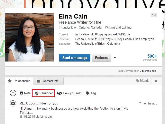 Add a reminder to follow up LinkedIn connection